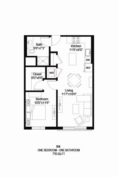 Floor plan for 1 bed, 1 bath, 716 sqft